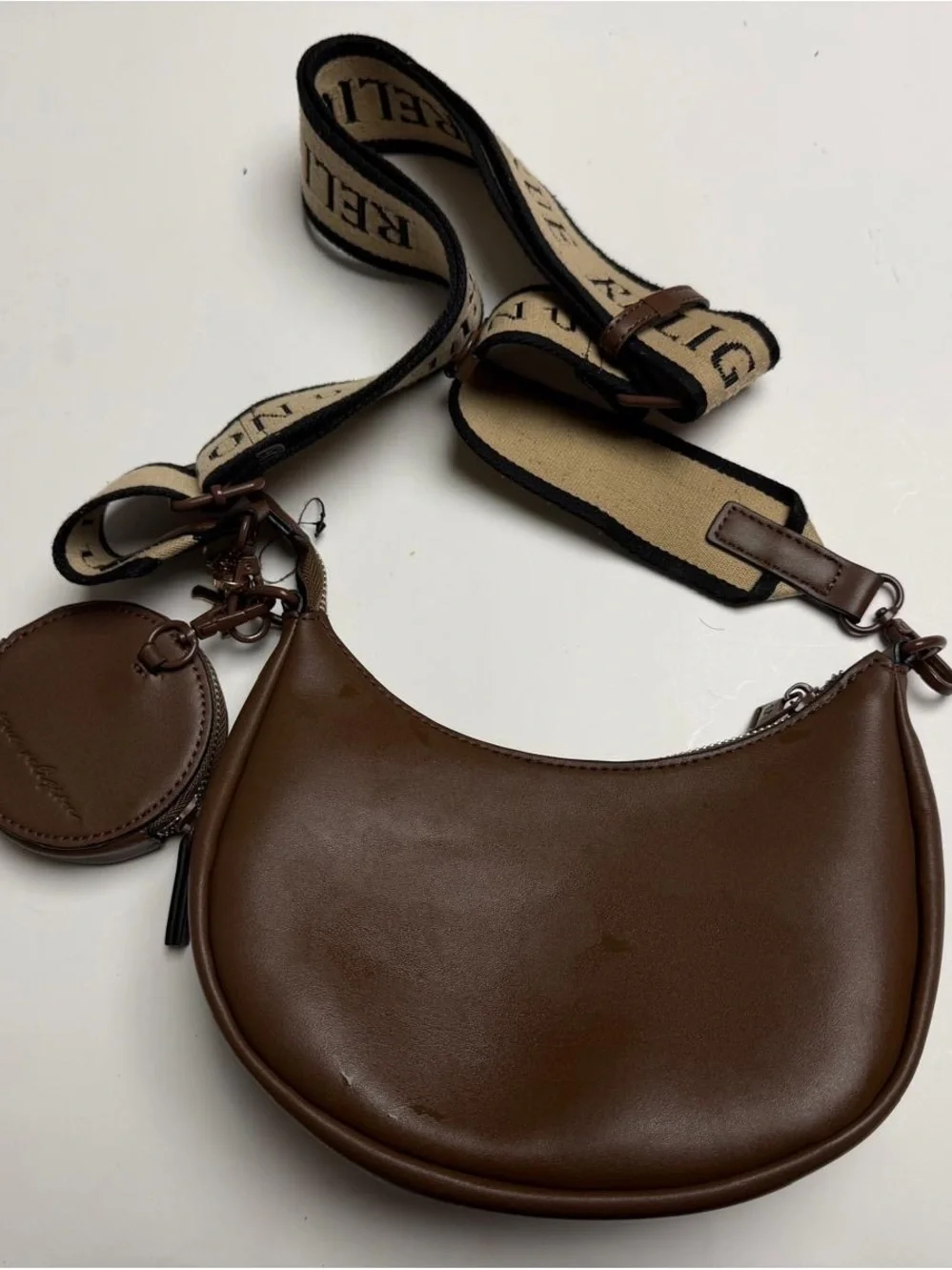 True religion Brown Leather Crescent Crossbody Bag with Detachable Strap